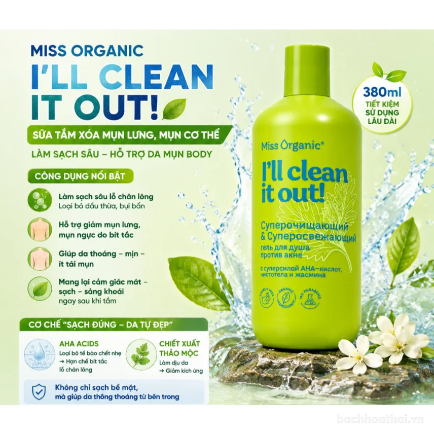 Sữa tắm giảm mụn lưng Body MISS ORGANIC – I’LL CLEAN IT OUT 380ml  ảnh 10