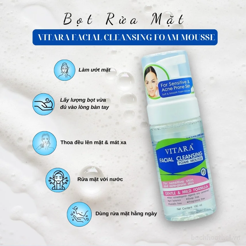 Bọt rửa mặt VITARA Facial Cleansing Mousse Foam cho da mụn và da nhạy cảm  ảnh 7