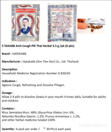 Viên ngậm thảo dược trị ho Takabb Anti-cough Pill Thái Lan ảnh 3