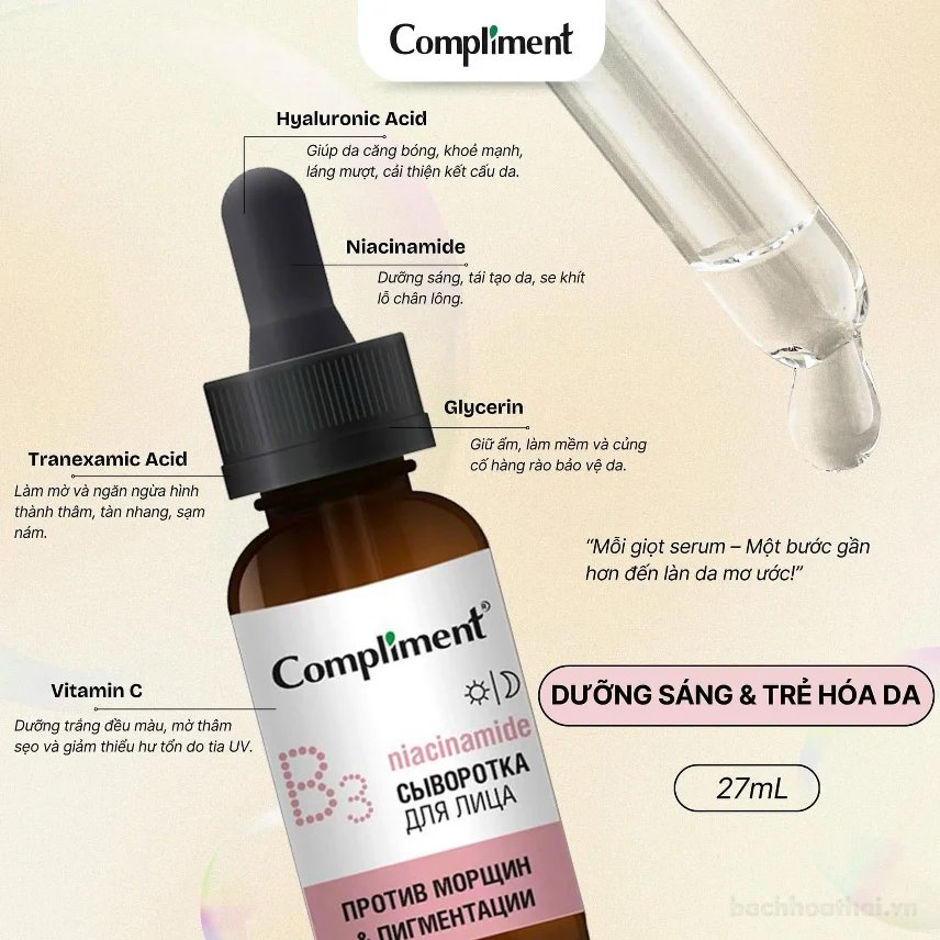Seum đều màu da Compliment B3 Niacinamide 10%, Vitamin C & Tranexamic Acid Serum 27ml ảnh 2