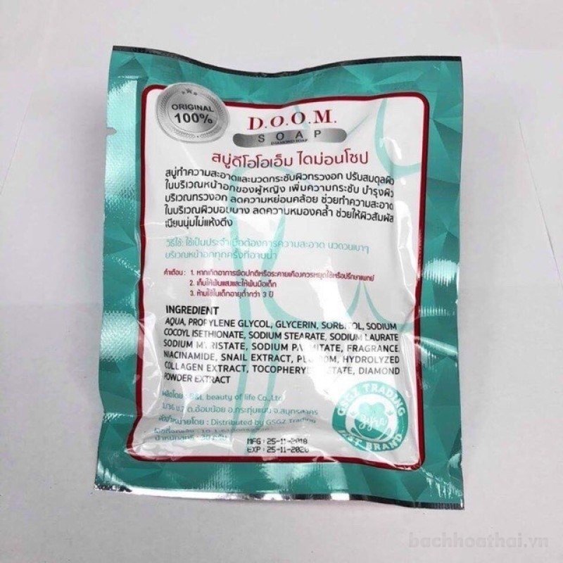 Bao bì mặt sau xà phòng Doom Diamond Soap với số FDA và bảng thành phần