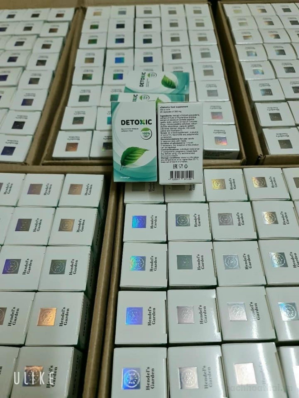 Mặt sau hộp viên nang Detoxic với phần thông tin sản phẩm in bằng tiếng Nga