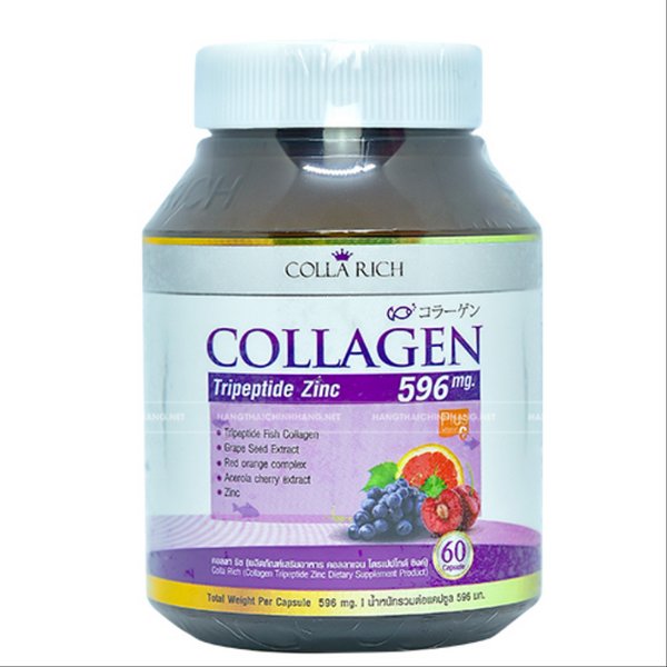 Lọ viên uống Colla Rich Collagen Tripeptide Zinc 596 mg với logo vương miện tím trên nhãn trắng