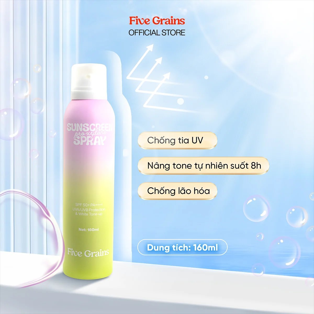 Chai xịt chống nắng Five Grains Pro-Xylane 160ml trắng xanh
