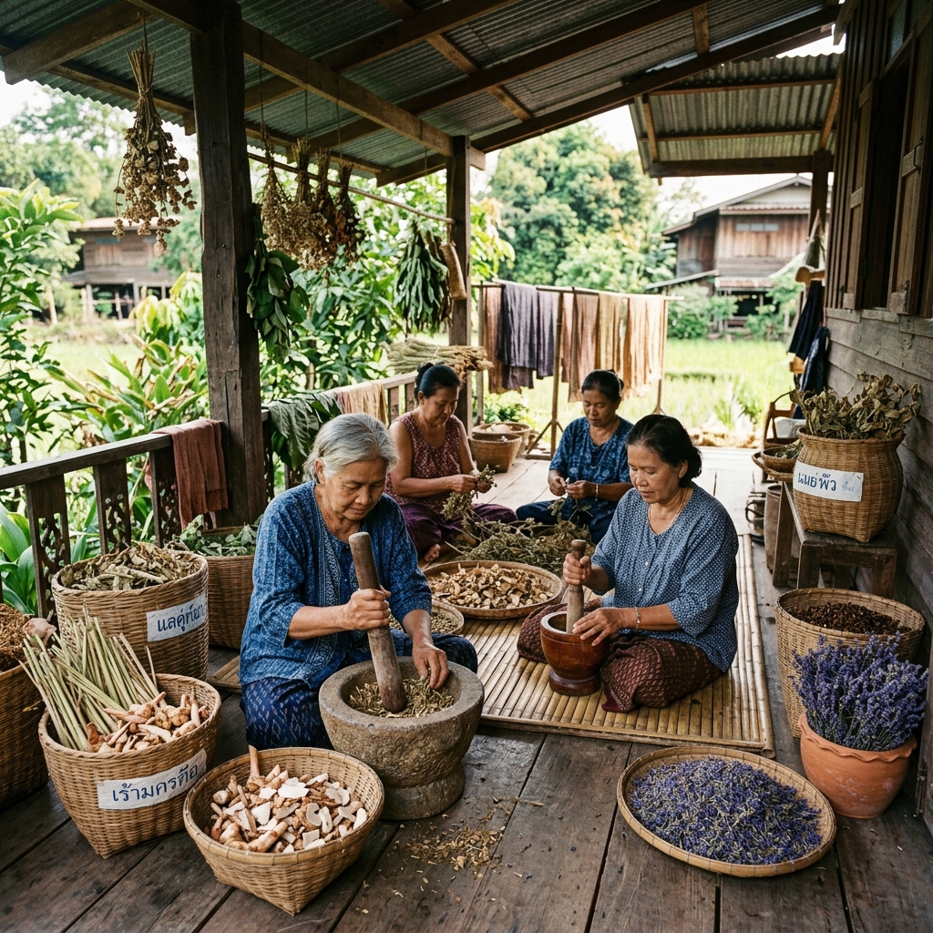 Nghệ nhân hợp tác xã làng quê Thái Lan cẩn trọng giã và bào chế thảo dược thủ công