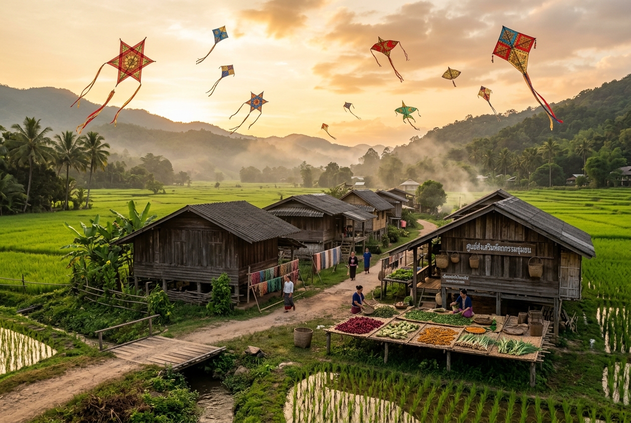 Đồng quê thôn dã Thái Lan yên bình mùa thảo mộc OTOP