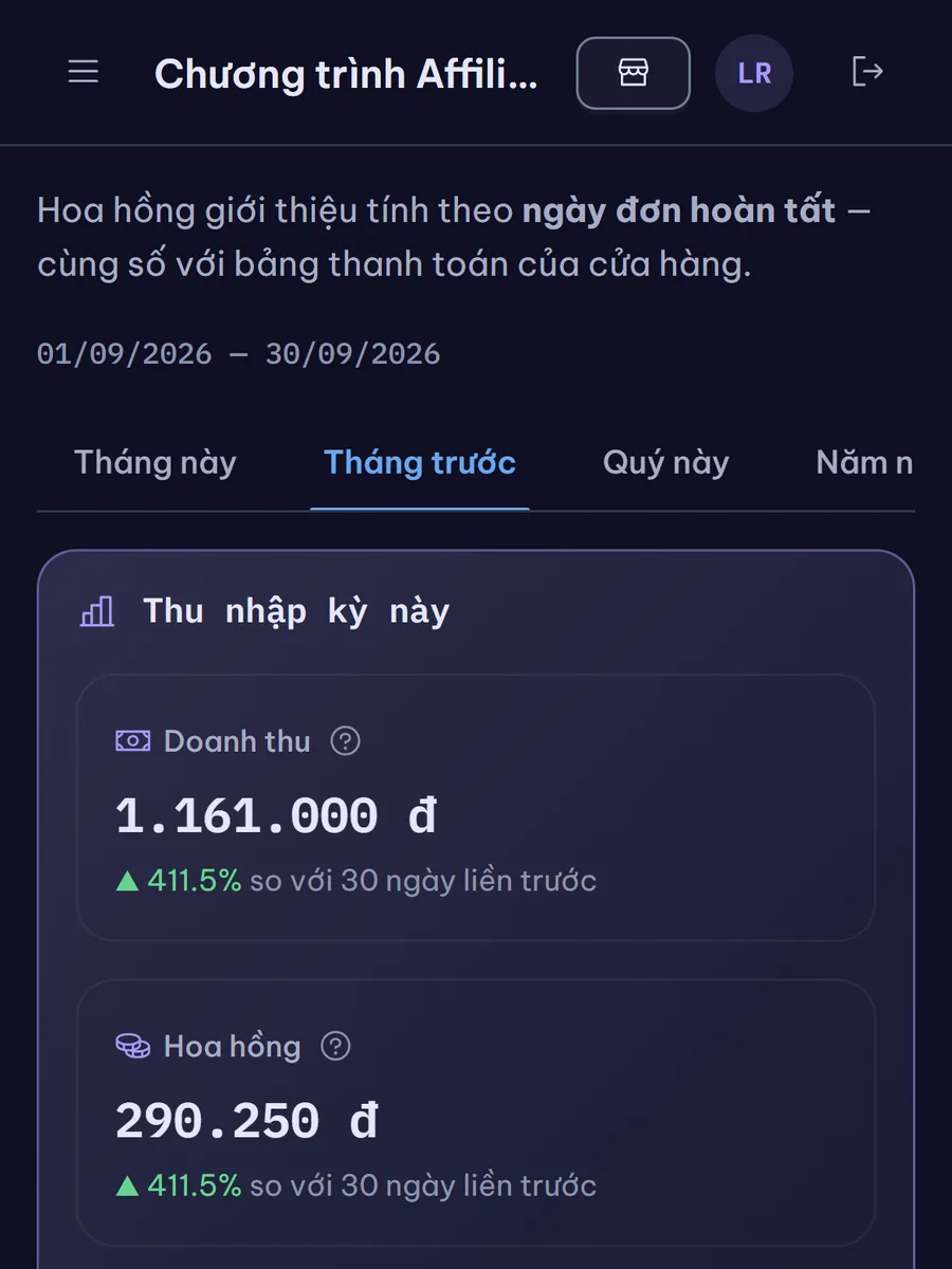 Dashboard affiliate trên điện thoại