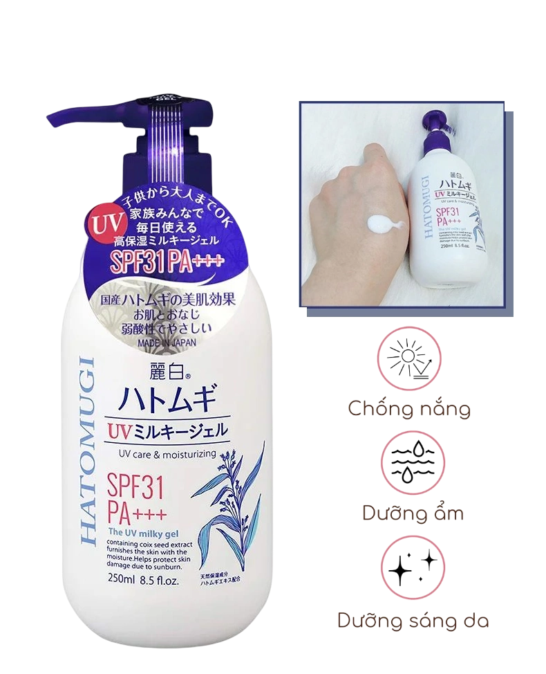 Sữa dưỡng thể trắng da chống nắng Hatomugi UV Milky Gel SPF31 PA+++ Nhật Bản