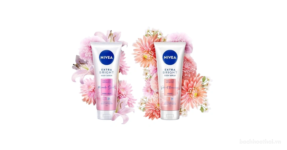 Tinh chất dưỡng thể trắng da Nivea Extra Bright Body Serum Premium Fragrance Velvet Romance Peony