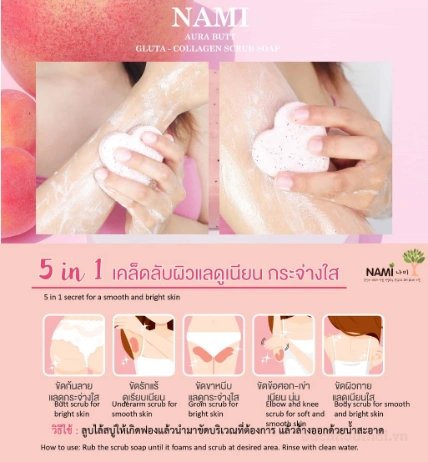 Soap sẹo mụn, thâm rạn da NAMI Aura Butt Gluta Collagen Scrub soap Thái Lan ảnh 4