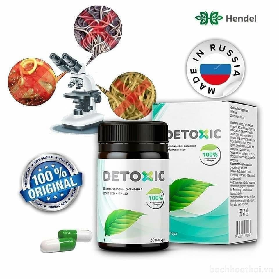 Hộp và lọ viên nang thải độc Detoxic 20 viên của Hendel, nhãn xanh ngọc kèm chữ cam DETOXIC
