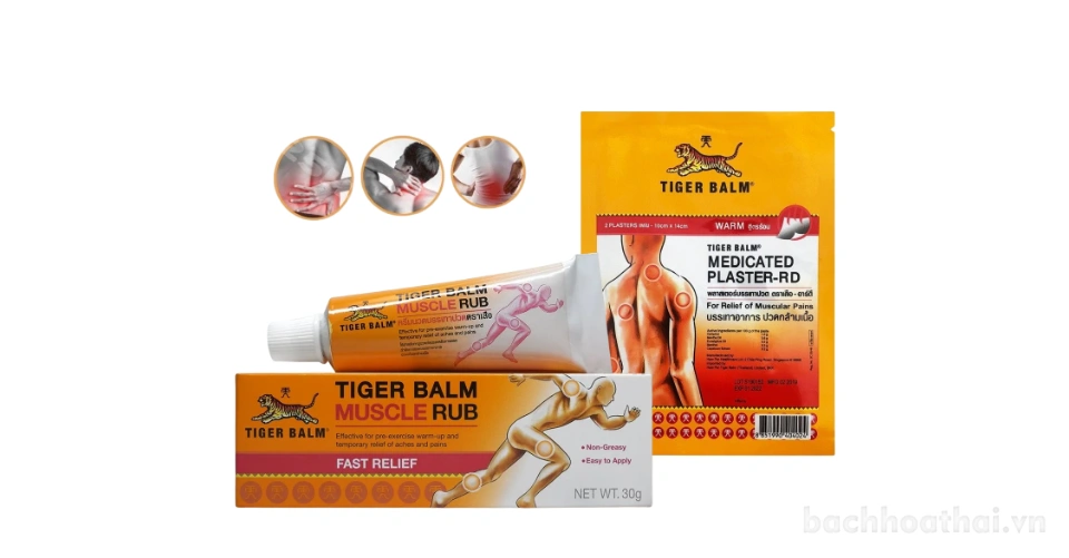 Kem Tiger balm Muscle Rub, miếng dán Plaster-RD giảm bong gân cơ