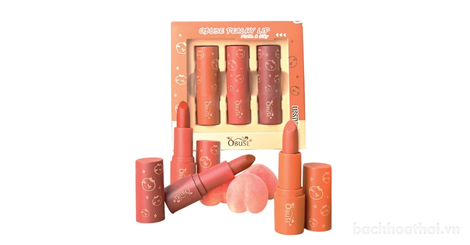 Bộ 3 son sáp lì Obuse Peachy Lip Matte & Silky Thái Lan