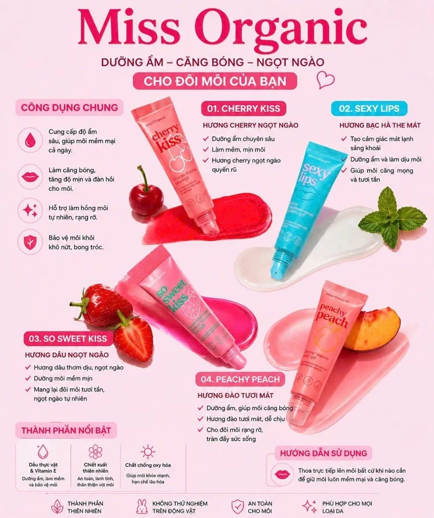 Chi tiết bao bì và đầu son dưỡng Miss Organic Nga