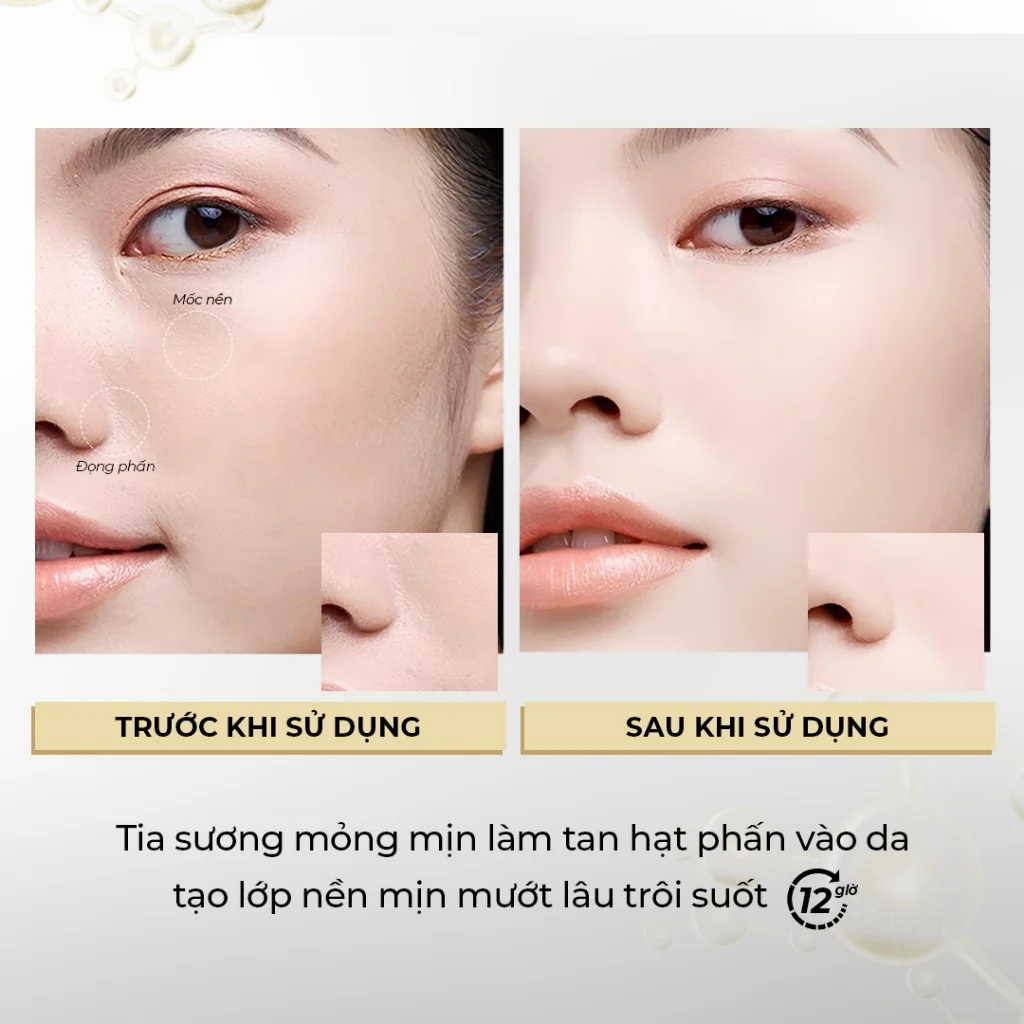 Chi tiết xịt khóa nền Pramy chai trắng Dewy Finish