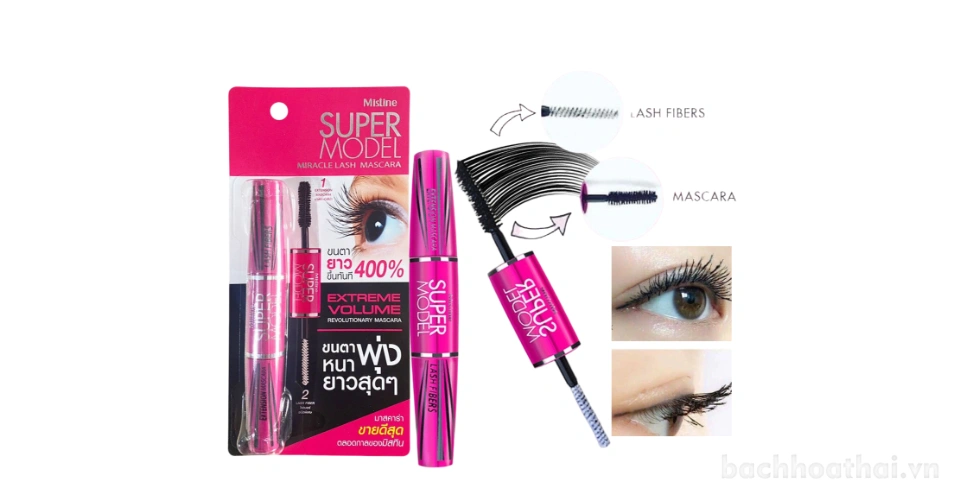 Kích dài mi 4x với sợi carbon Mascara 4D 2 in 1 Mistine Super model Miracle Lash Thái Lan