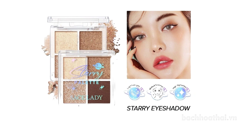 Bảng phấn mắt SACE LADY Starry Eyeshadow 4 màu, lì, nhũ, lâu trôi